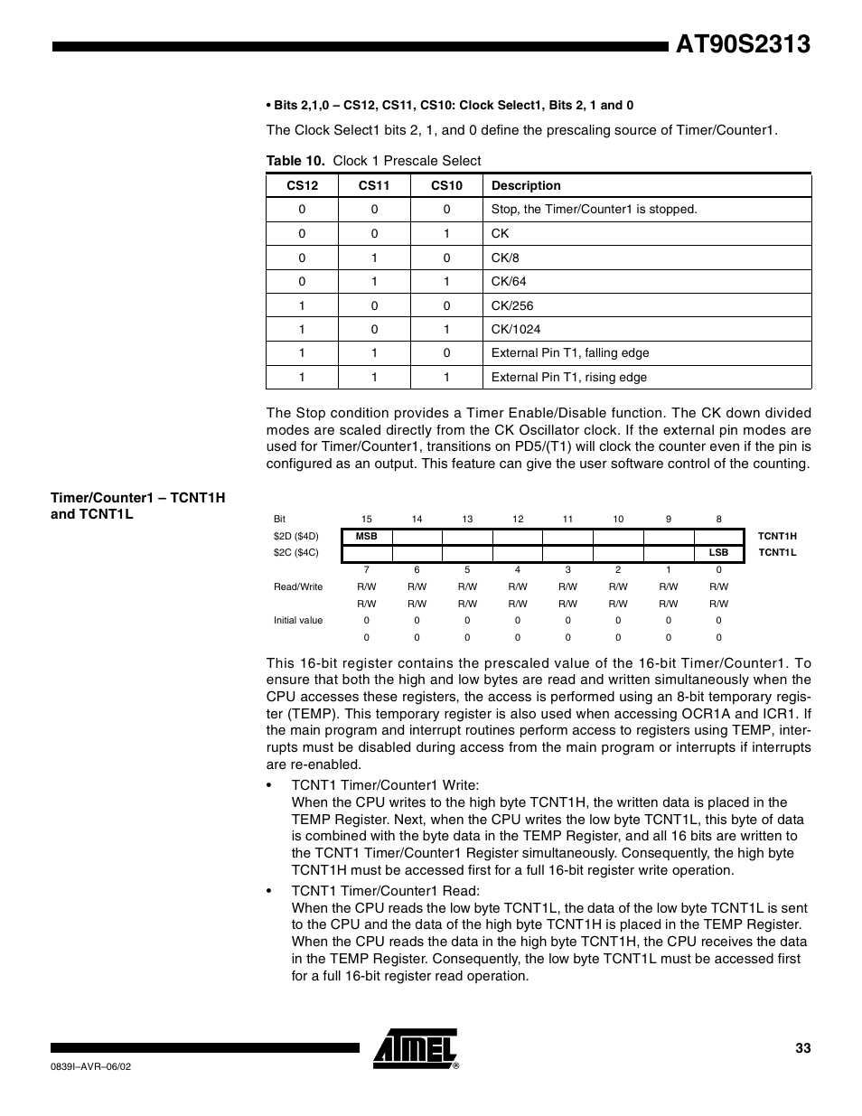 Timer/counter1 – tcnt1h and tcnt1l | Rainbow Electronics AT90S2313 User Manual | Page 33 / 92