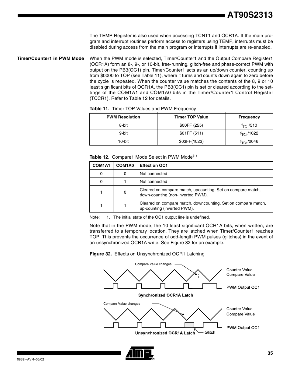 Timer/counter1 in pwm mode | Rainbow Electronics AT90S2313 User Manual | Page 35 / 92