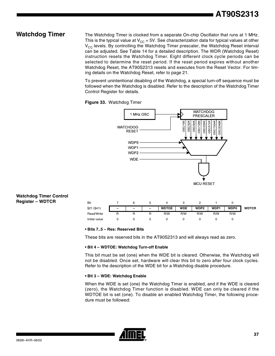 Watchdog timer, Watchdog timer control register – wdtcr | Rainbow Electronics AT90S2313 User Manual | Page 37 / 92