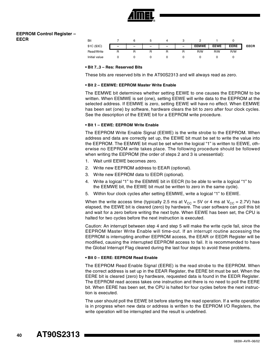 Eeprom control register – eecr | Rainbow Electronics AT90S2313 User Manual | Page 40 / 92