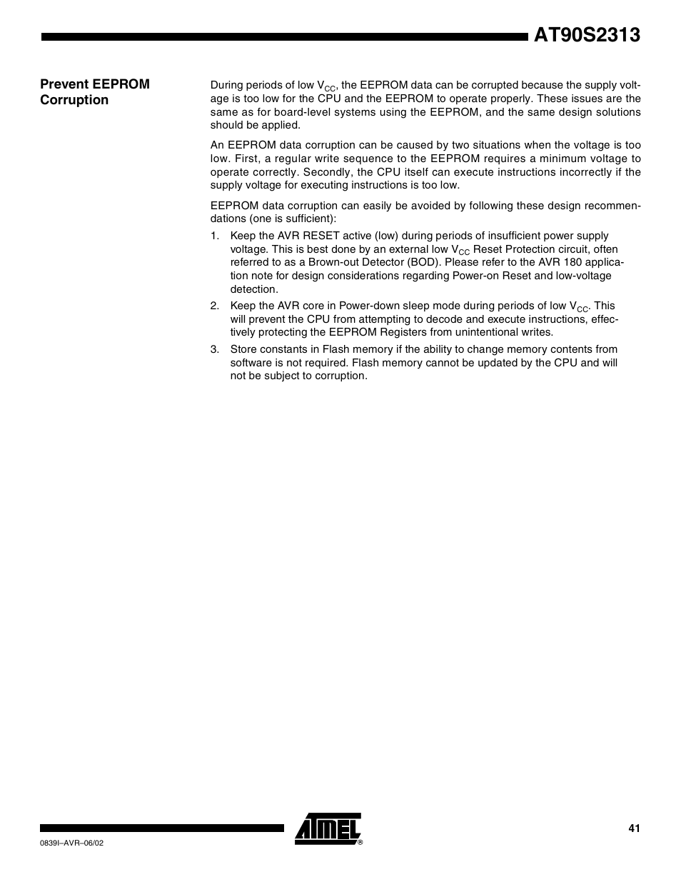 Prevent eeprom corruption | Rainbow Electronics AT90S2313 User Manual | Page 41 / 92