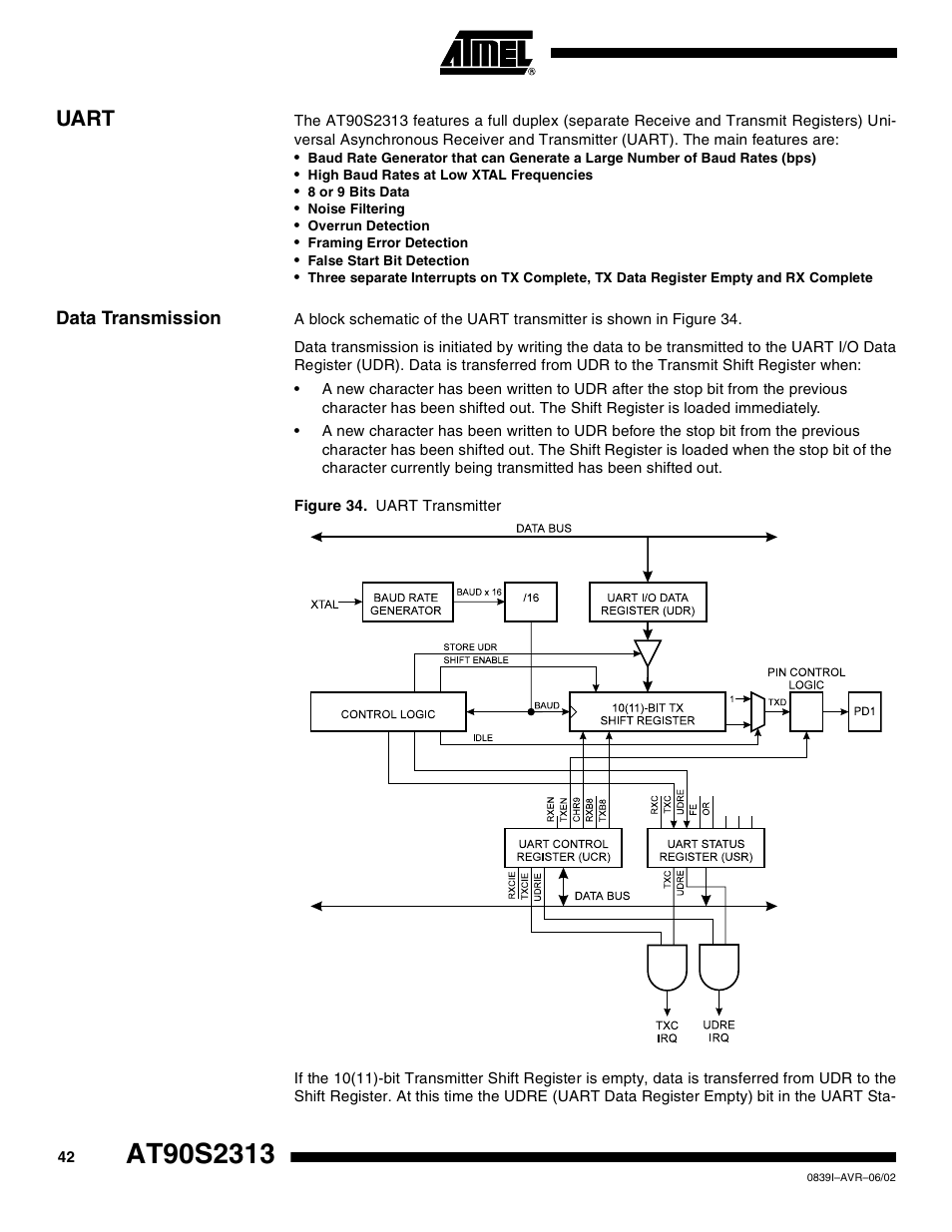 Uart, Data transmission | Rainbow Electronics AT90S2313 User Manual | Page 42 / 92