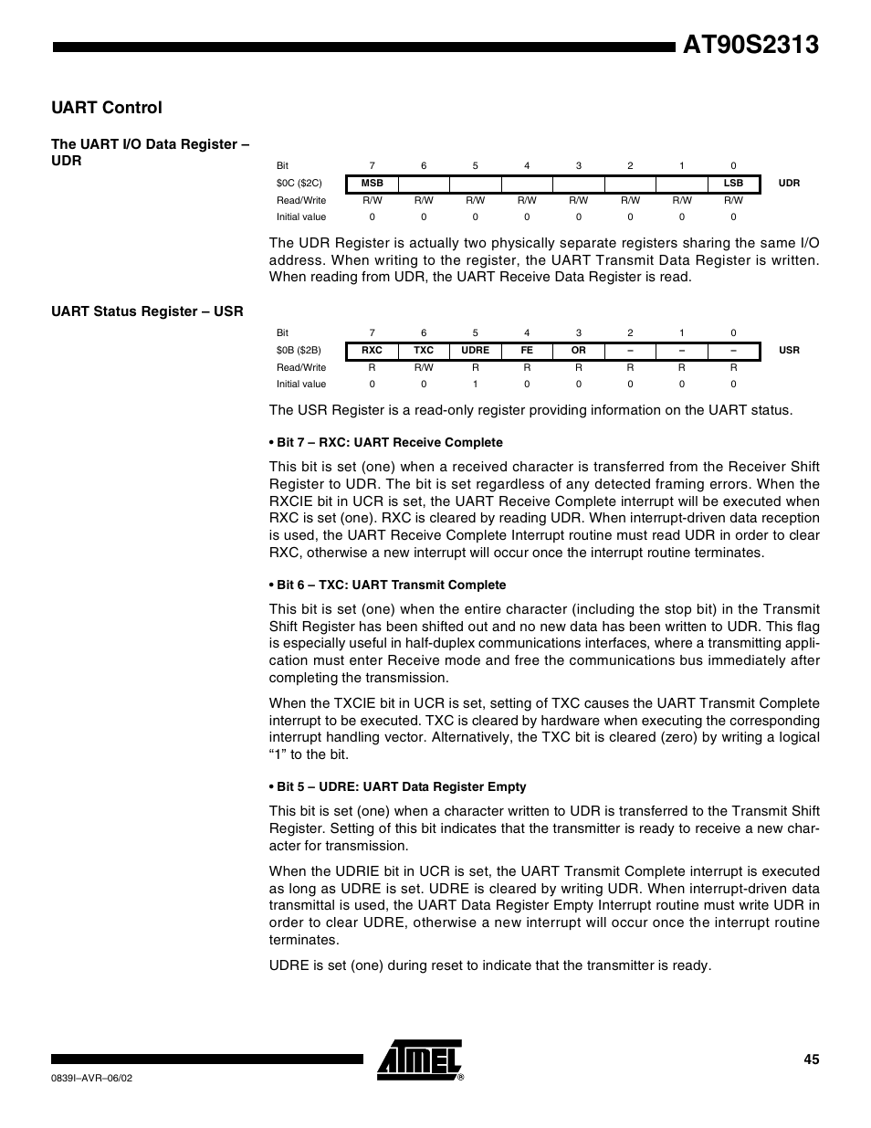 Uart control, The uart i/o data register – udr, Uart status register – usr | Rainbow Electronics AT90S2313 User Manual | Page 45 / 92