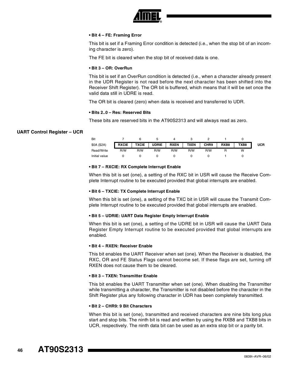 Uart control register – ucr | Rainbow Electronics AT90S2313 User Manual | Page 46 / 92