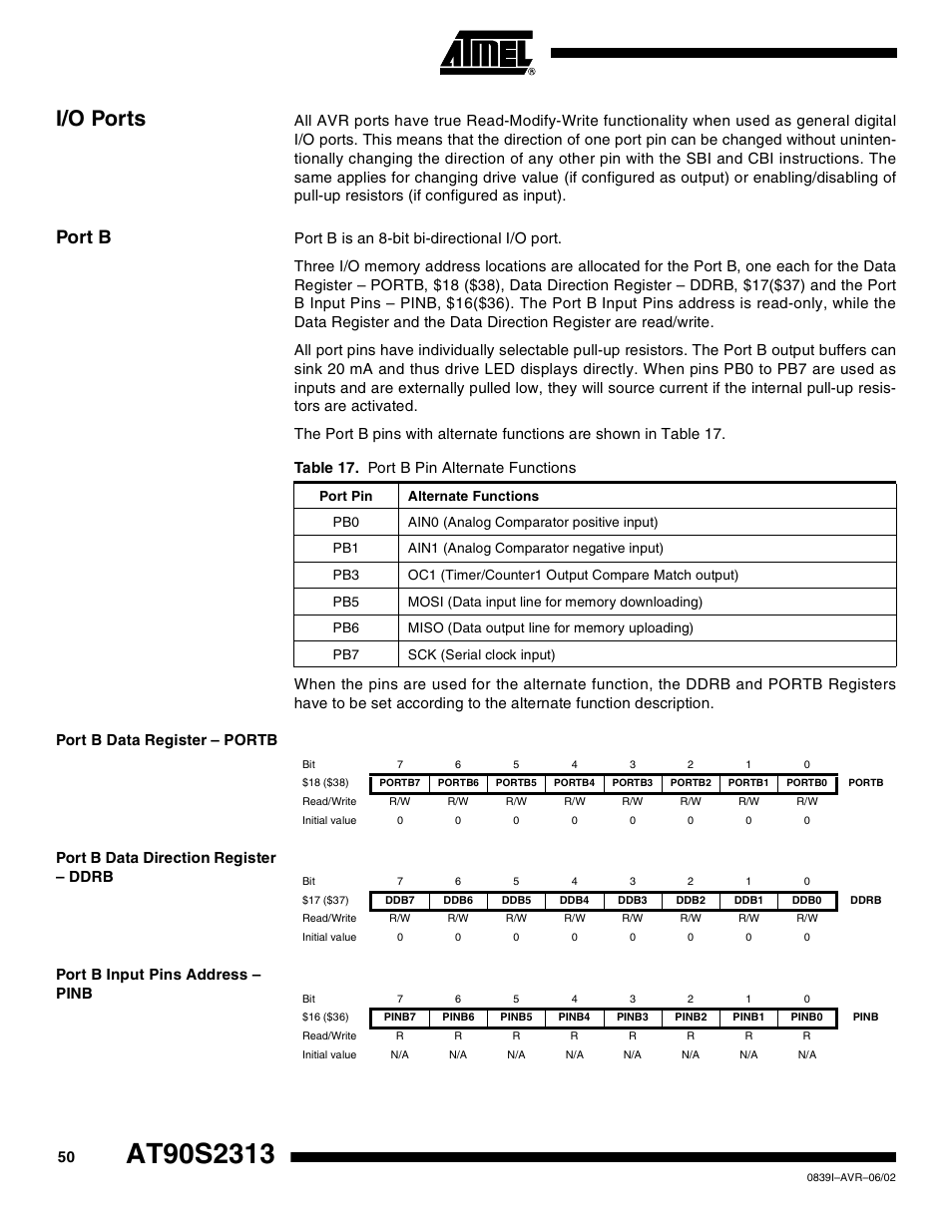 I/o ports, Port b, Port b data register – portb | Port b data direction register – ddrb, Port b input pins address – pinb | Rainbow Electronics AT90S2313 User Manual | Page 50 / 92