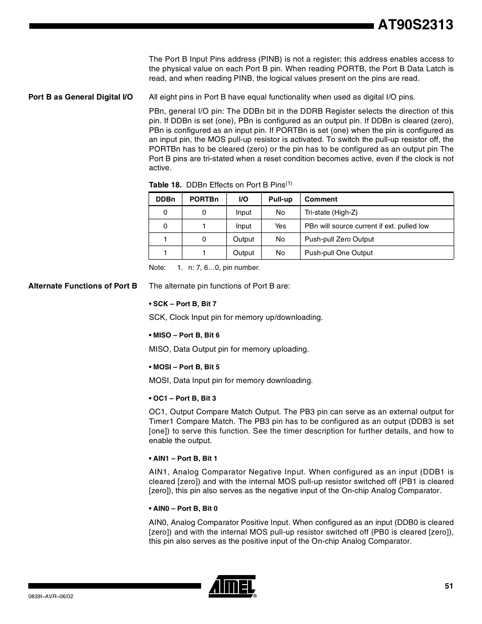 Port b as general digital i/o, Alternate functions of port b | Rainbow Electronics AT90S2313 User Manual | Page 51 / 92