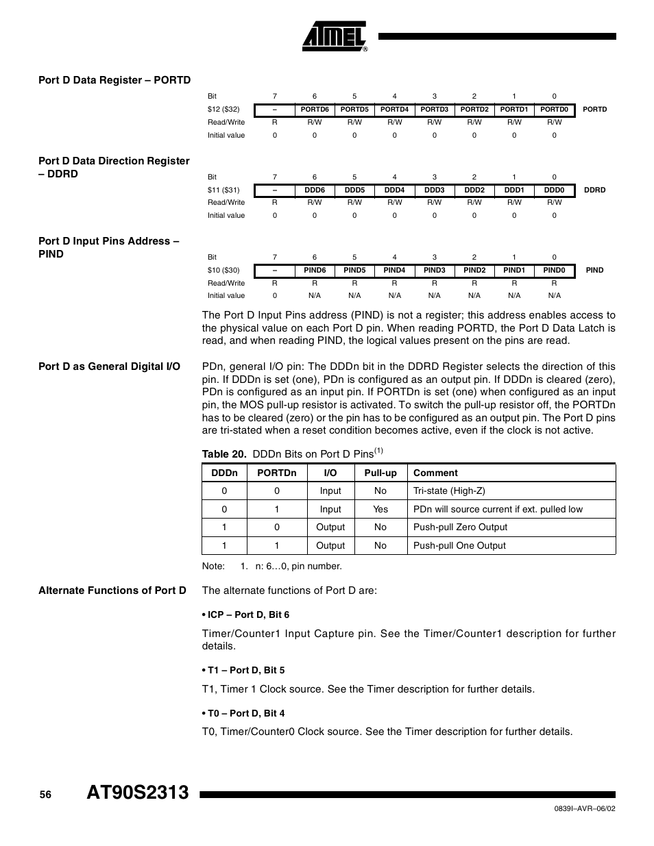 Port d data register – portd, Port d data direction register – ddrd, Port d input pins address – pind | Port d as general digital i/o, Alternate functions of port d, Table 20. dddn bits on port d pins | Rainbow Electronics AT90S2313 User Manual | Page 56 / 92