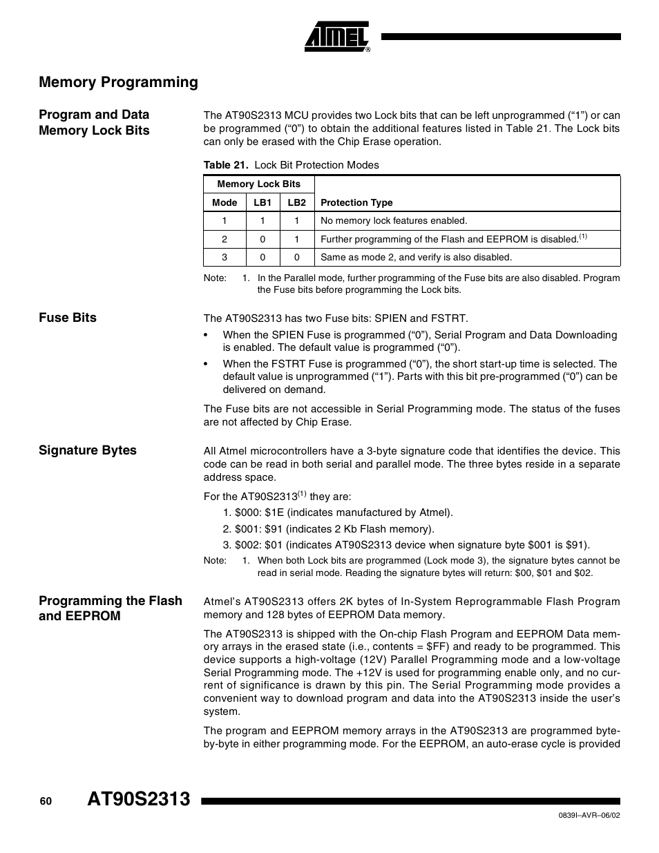 Memory programming, Program and data memory lock bits, Fuse bits | Signature bytes, Programming the flash and eeprom | Rainbow Electronics AT90S2313 User Manual | Page 60 / 92