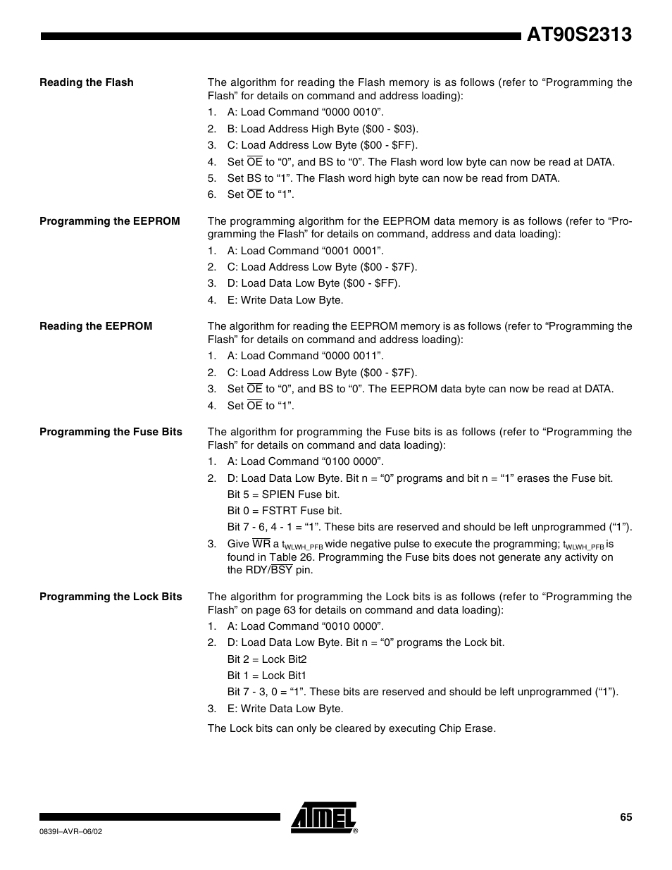 Reading the flash, Programming the eeprom, Reading the eeprom | Programming the fuse bits, Programming the lock bits | Rainbow Electronics AT90S2313 User Manual | Page 65 / 92