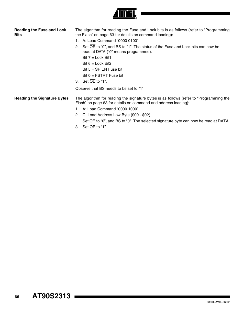 Reading the fuse and lock bits, Reading the signature bytes | Rainbow Electronics AT90S2313 User Manual | Page 66 / 92