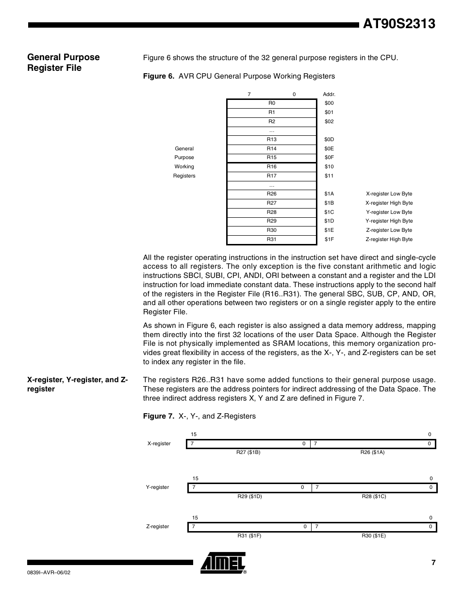 General purpose register file, X-register, y-register, and z- register | Rainbow Electronics AT90S2313 User Manual | Page 7 / 92