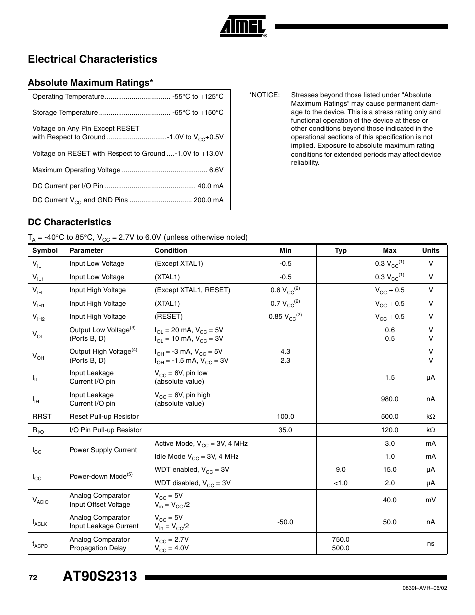 Electrical characteristics, Absolute maximum ratings, Dc characteristics | Rainbow Electronics AT90S2313 User Manual | Page 72 / 92