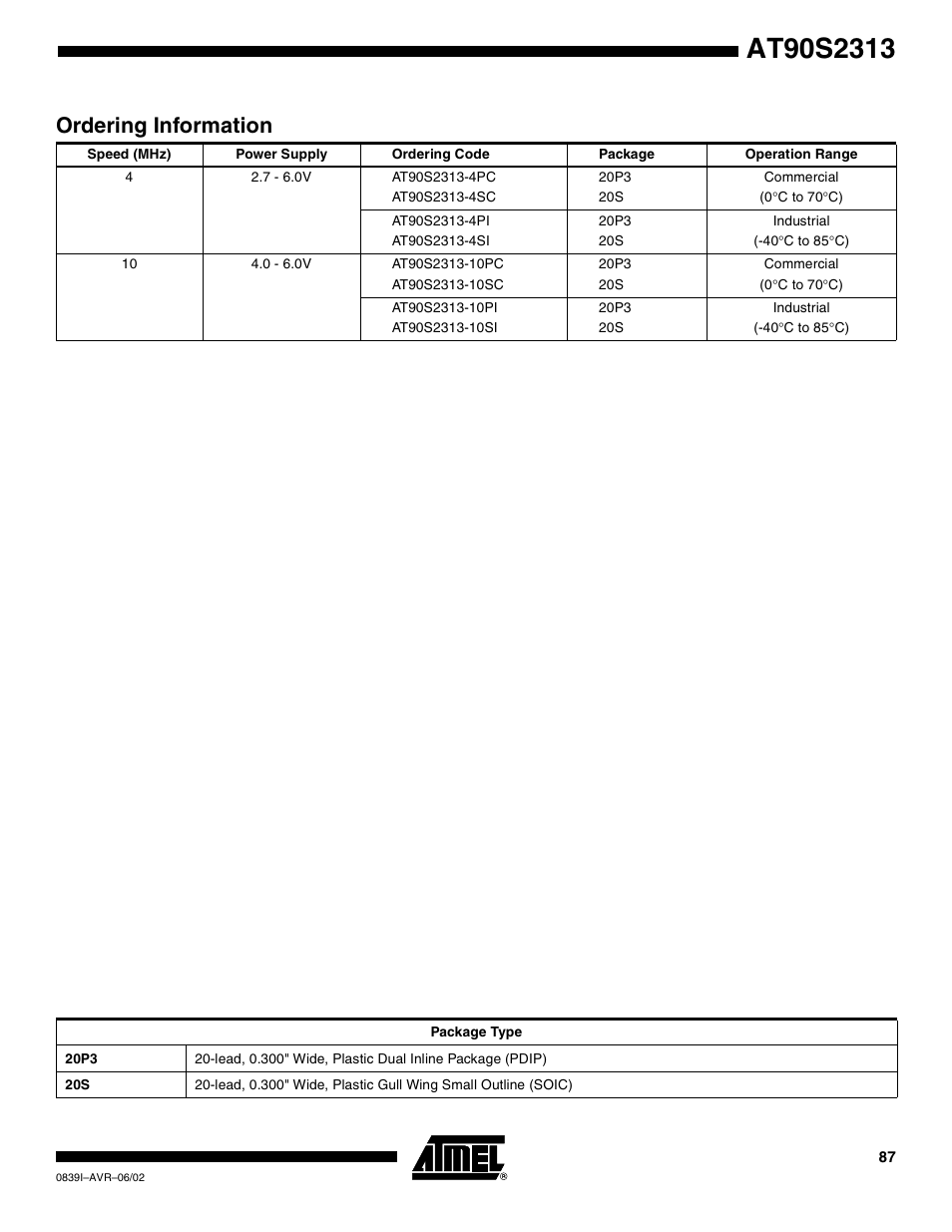 Ordering information | Rainbow Electronics AT90S2313 User Manual | Page 87 / 92