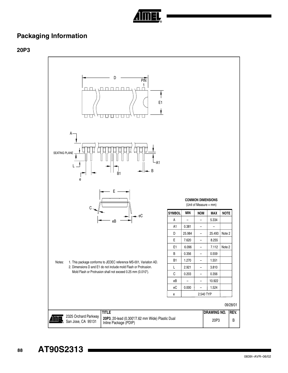 Packaging information, 20p3 | Rainbow Electronics AT90S2313 User Manual | Page 88 / 92