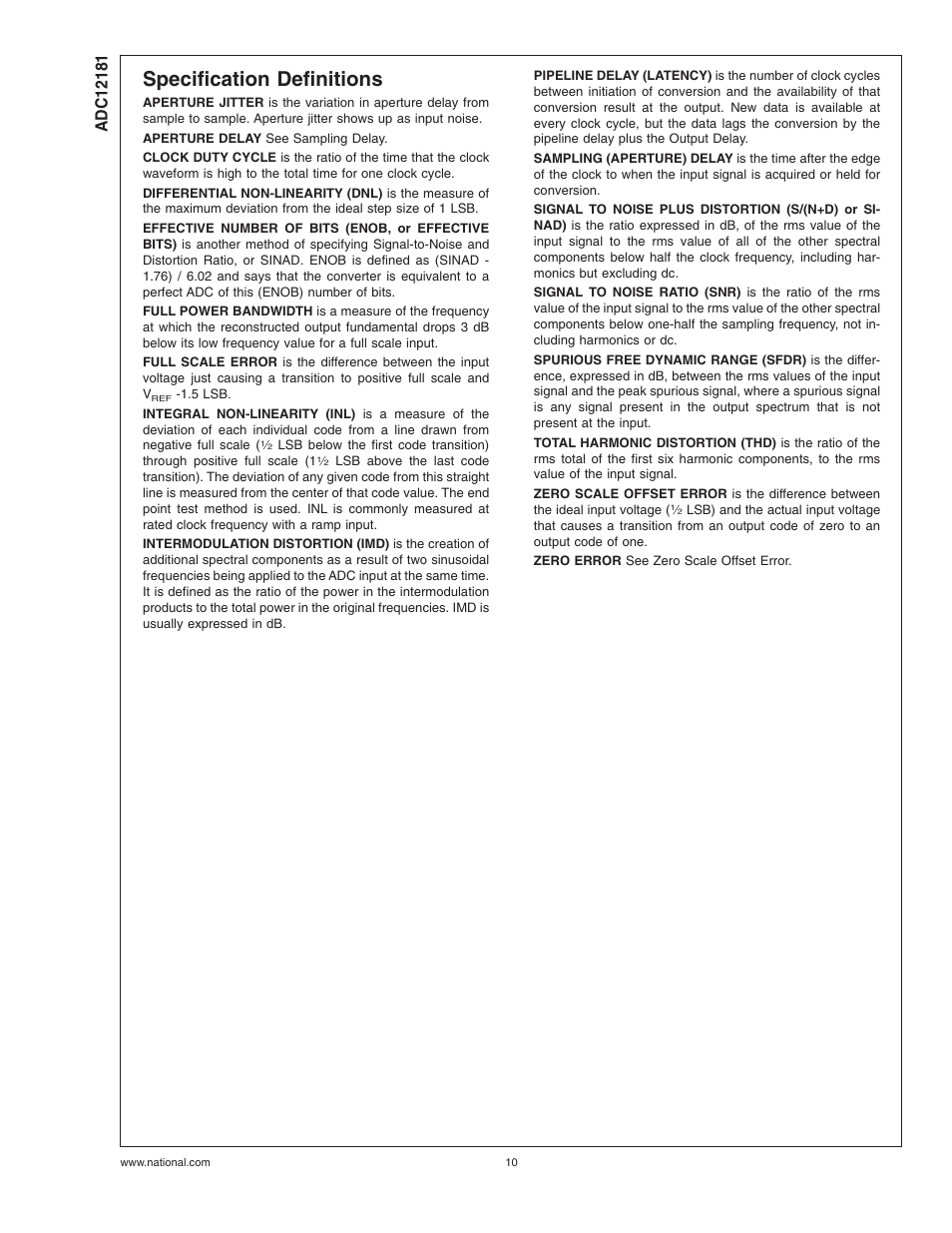 Specification definitions | Rainbow Electronics ADC12181 User Manual | Page 10 / 17