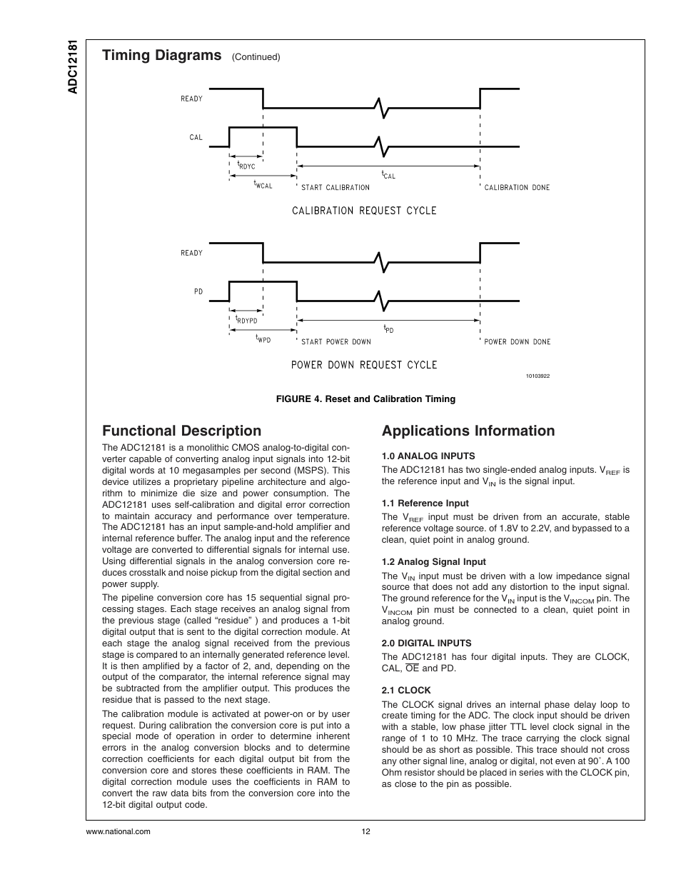 Figure 4. reset and calibration timing, Functional description, Applications information | 0 analog inputs, 1 reference input, 2 analog signal input, 0 digital inputs, 1 clock, Timing diagrams | Rainbow Electronics ADC12181 User Manual | Page 12 / 17
