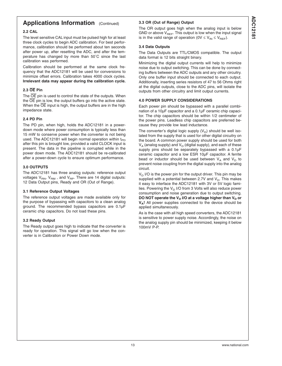 2 cal, 3 oe pin, 4 pd pin | 0 outputs, 1 reference output voltages, 2 ready output, 3 or (out of range) output, 4 data outputs, 0 power supply considerations, Applications information | Rainbow Electronics ADC12181 User Manual | Page 13 / 17