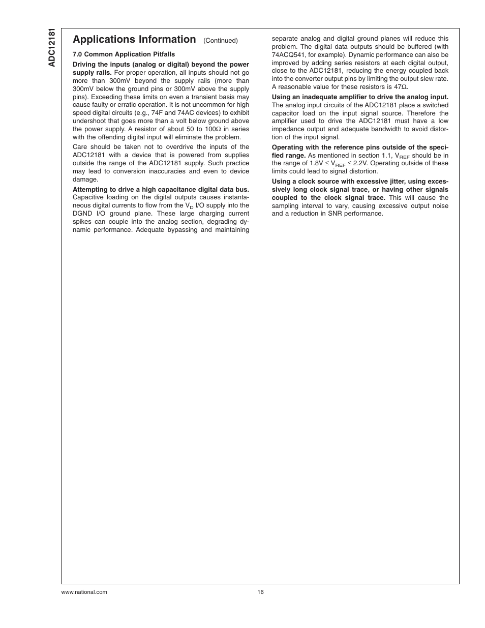 0 common application pitfalls, Applications information | Rainbow Electronics ADC12181 User Manual | Page 16 / 17