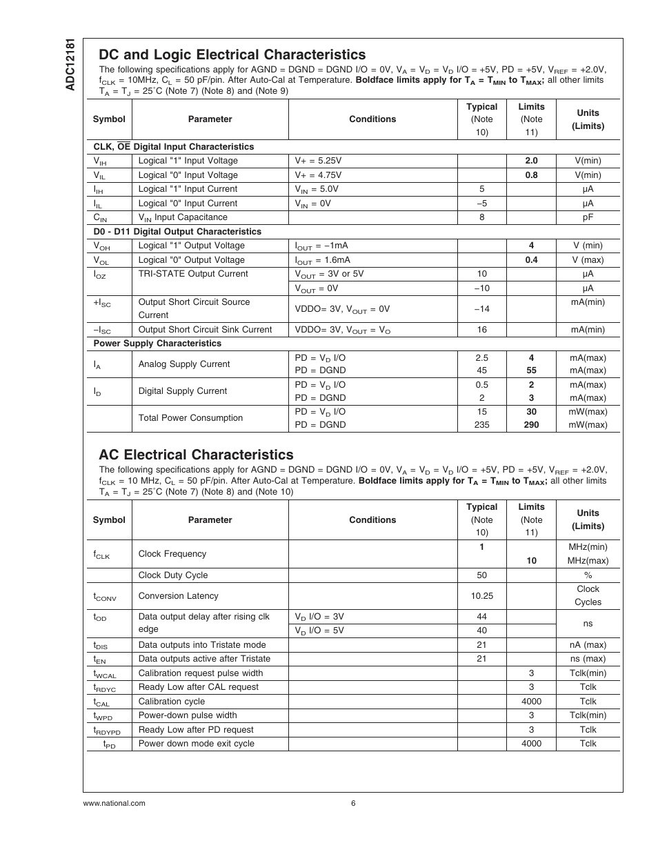 Dc and logic electrical characteristics, Ac electrical characteristics | Rainbow Electronics ADC12181 User Manual | Page 6 / 17