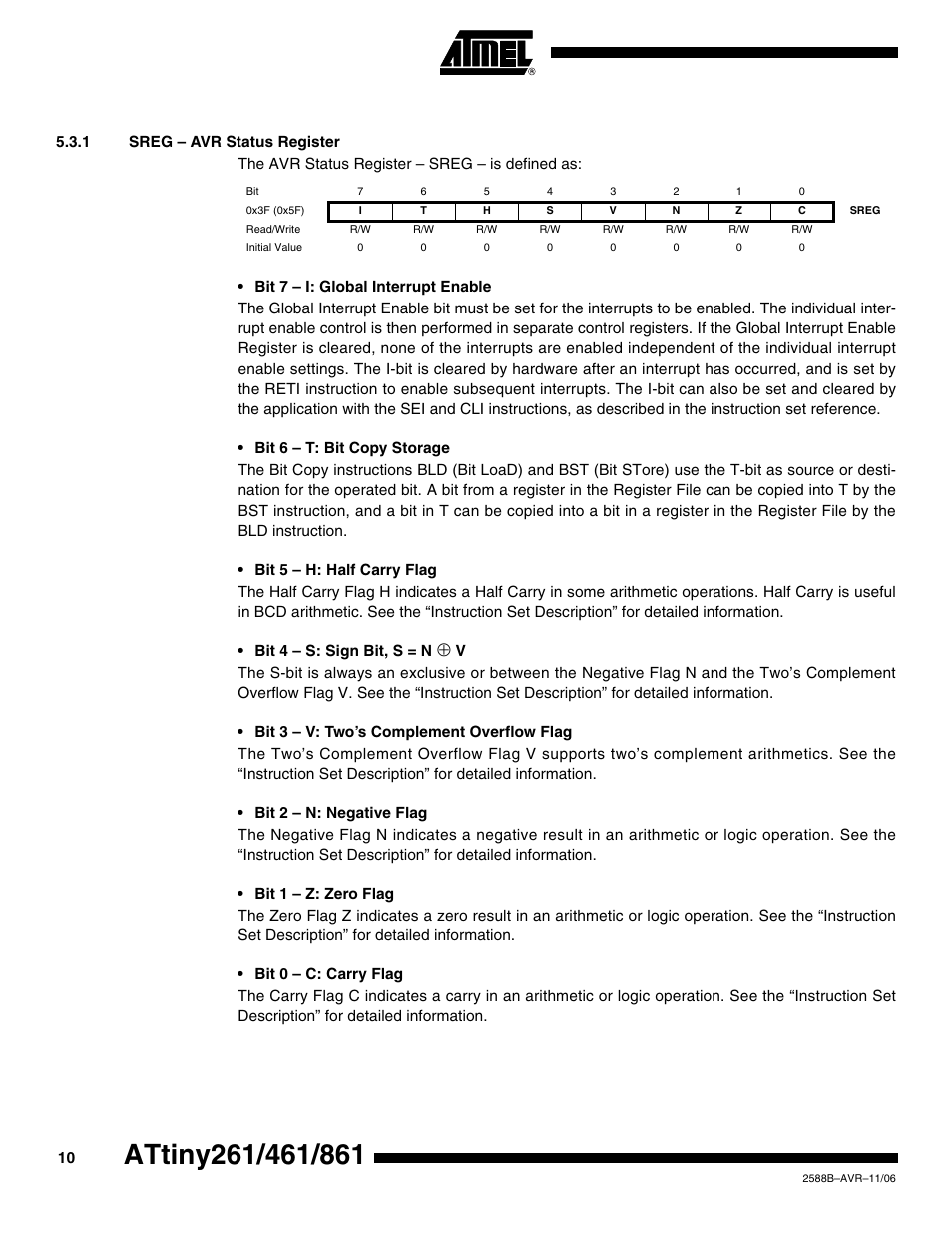 1 sreg - avr status register | Rainbow Electronics ATtiny861_V User Manual | Page 10 / 236