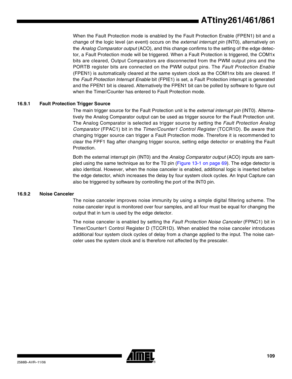 1 fault protection trigger source, 2 noise canceler | Rainbow Electronics ATtiny861_V User Manual | Page 109 / 236