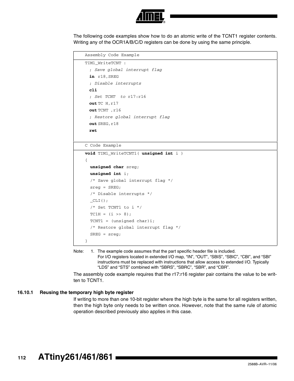 1 reusing the temporary high byte register | Rainbow Electronics ATtiny861_V User Manual | Page 112 / 236