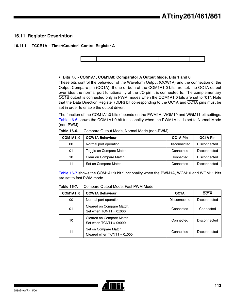 11 register description, 1 tccr1a - timer/counter1 control register a | Rainbow Electronics ATtiny861_V User Manual | Page 113 / 236