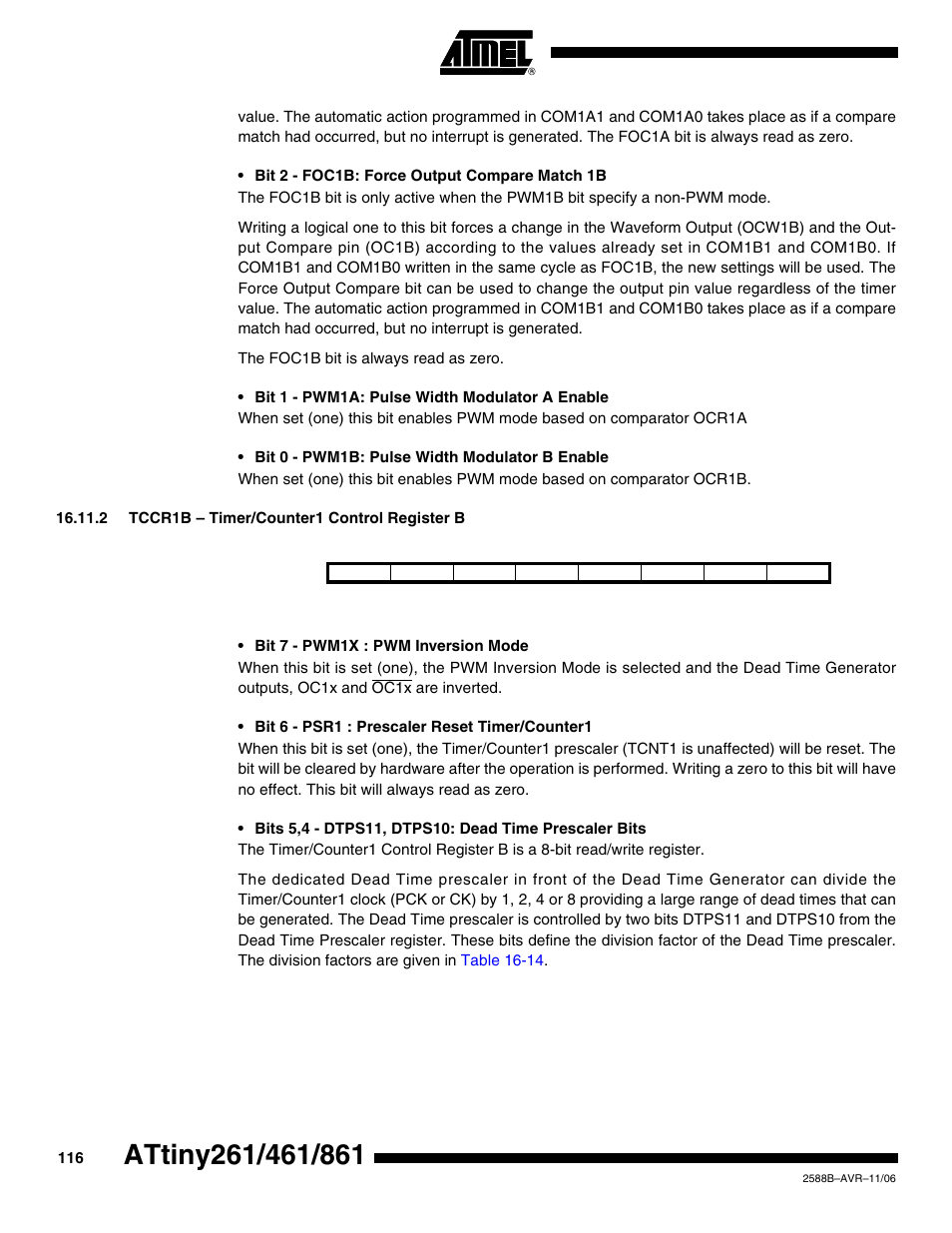 2 tccr1b - timer/counter1 control register b | Rainbow Electronics ATtiny861_V User Manual | Page 116 / 236