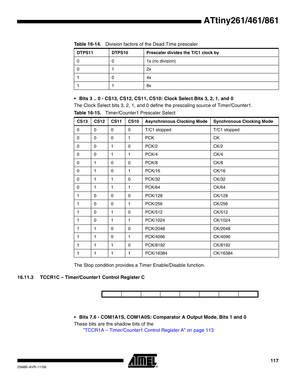 3 tccr1c - timer/counter1 control register c | Rainbow Electronics ATtiny861_V User Manual | Page 117 / 236