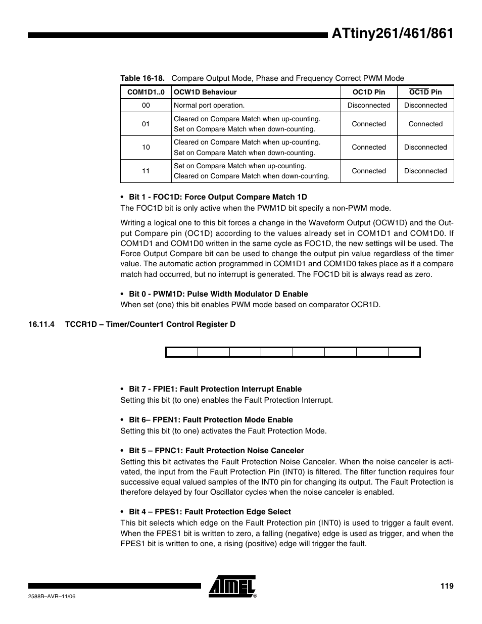 4 tccr1d - timer/counter1 control register d | Rainbow Electronics ATtiny861_V User Manual | Page 119 / 236
