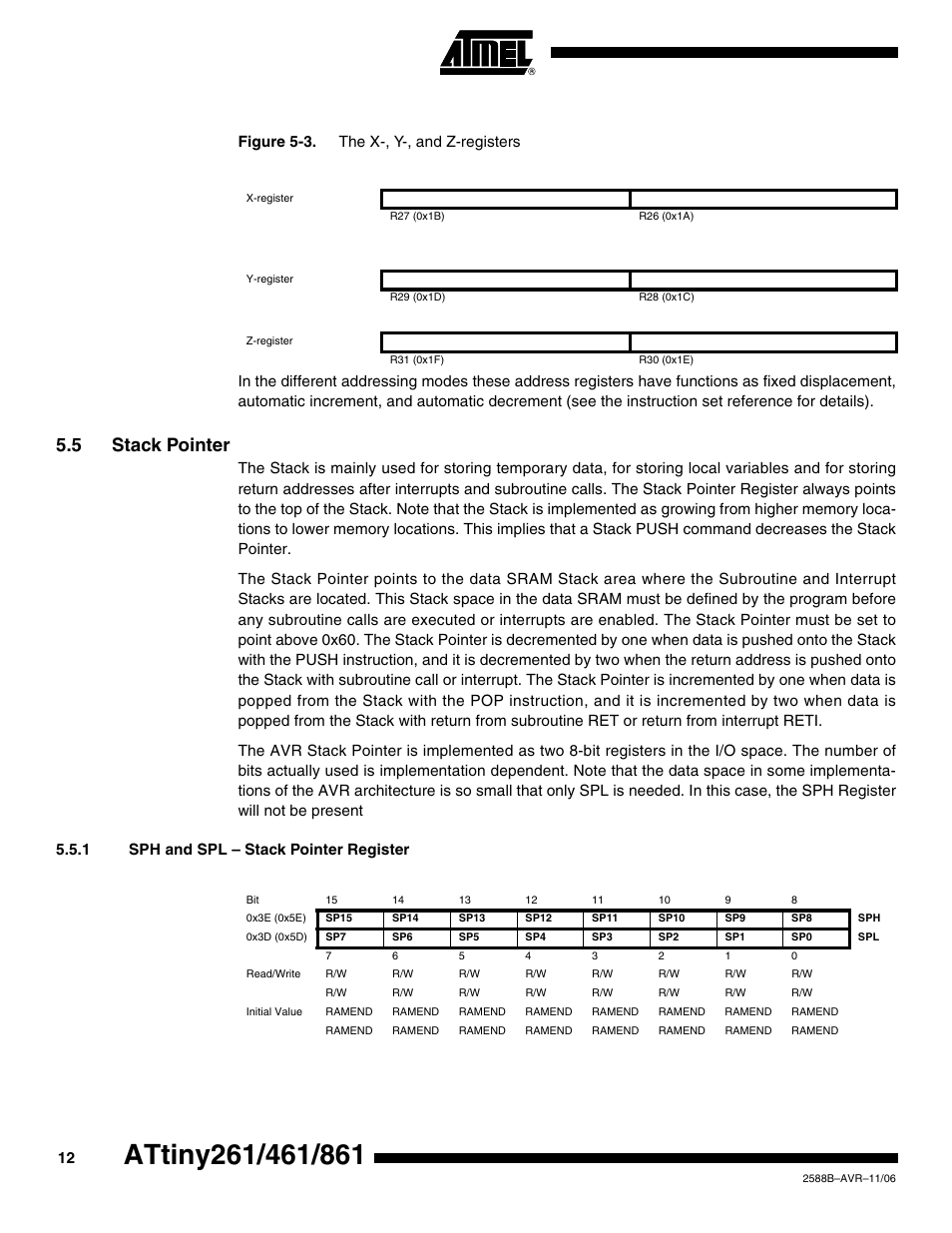 5 stack pointer, 1 sph and spl - stack pointer register | Rainbow Electronics ATtiny861_V User Manual | Page 12 / 236