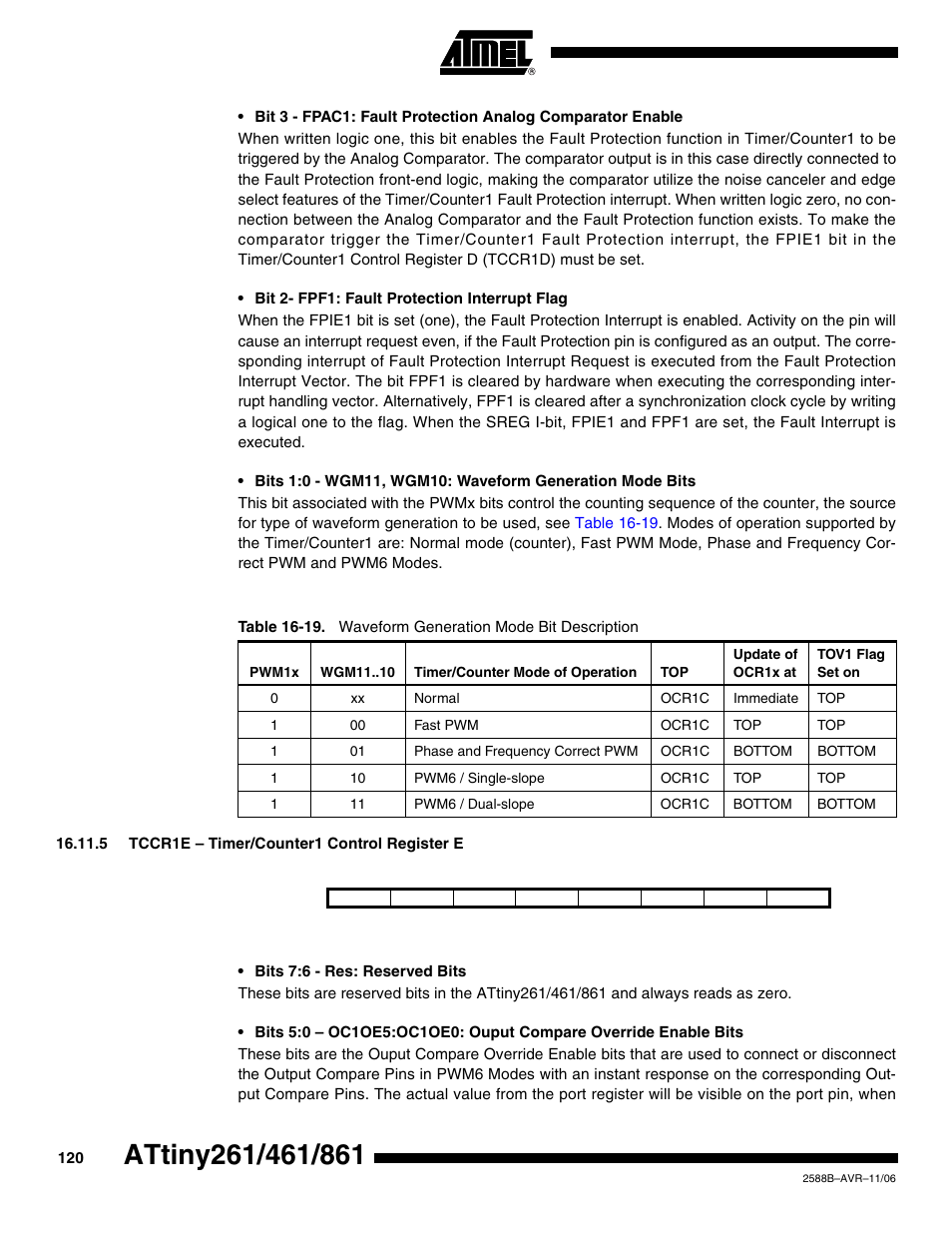 5 tccr1e - timer/counter1 control register e | Rainbow Electronics ATtiny861_V User Manual | Page 120 / 236