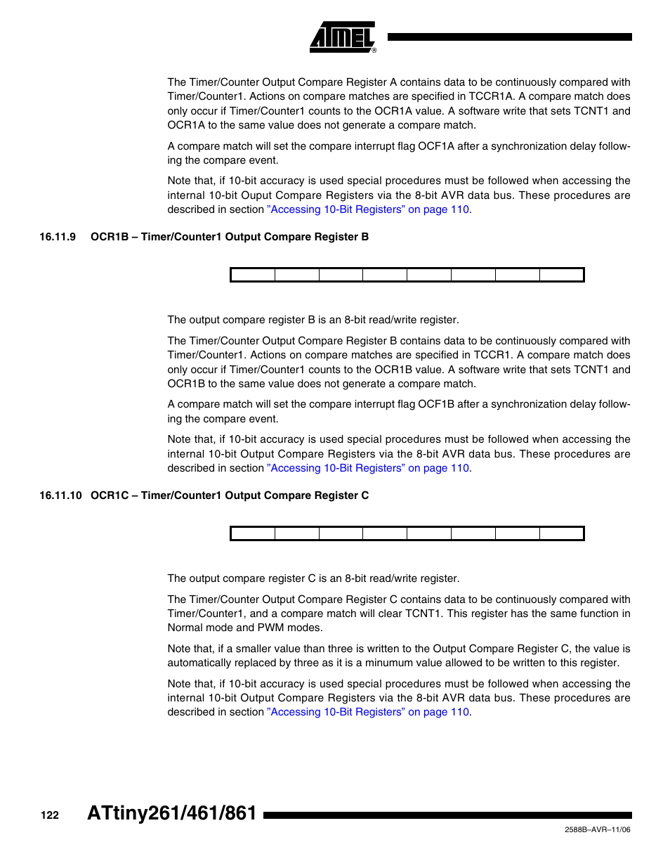 9 ocr1b - timer/counter1 output compare register b | Rainbow Electronics ATtiny861_V User Manual | Page 122 / 236