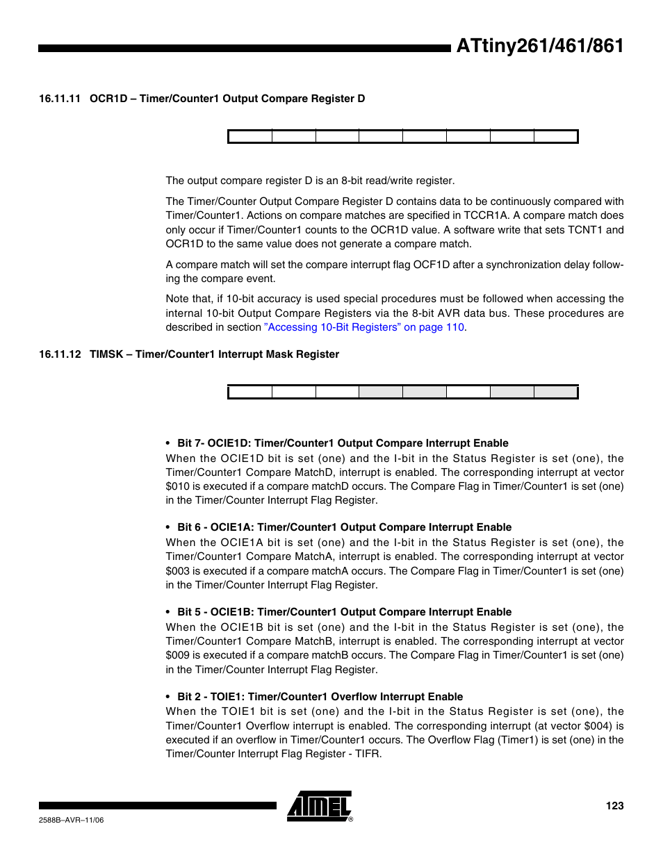 12 timsk - timer/counter1 interrupt mask register | Rainbow Electronics ATtiny861_V User Manual | Page 123 / 236