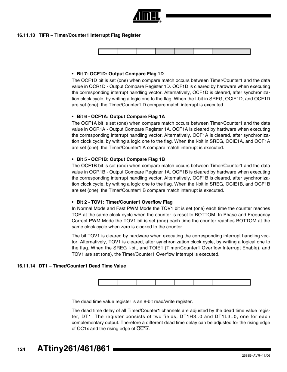 13 tifr - timer/counter1 interrupt flag register, 14 dt1 - timer/counter1 dead time value | Rainbow Electronics ATtiny861_V User Manual | Page 124 / 236