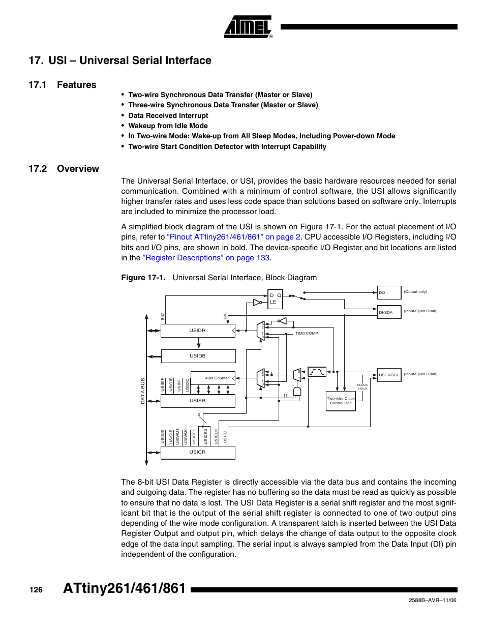 Usi - universal serial interface, 1 features, 2 overview | Usi – universal serial interface, Data received interrupt, Wakeup from idle mode | Rainbow Electronics ATtiny861_V User Manual | Page 126 / 236
