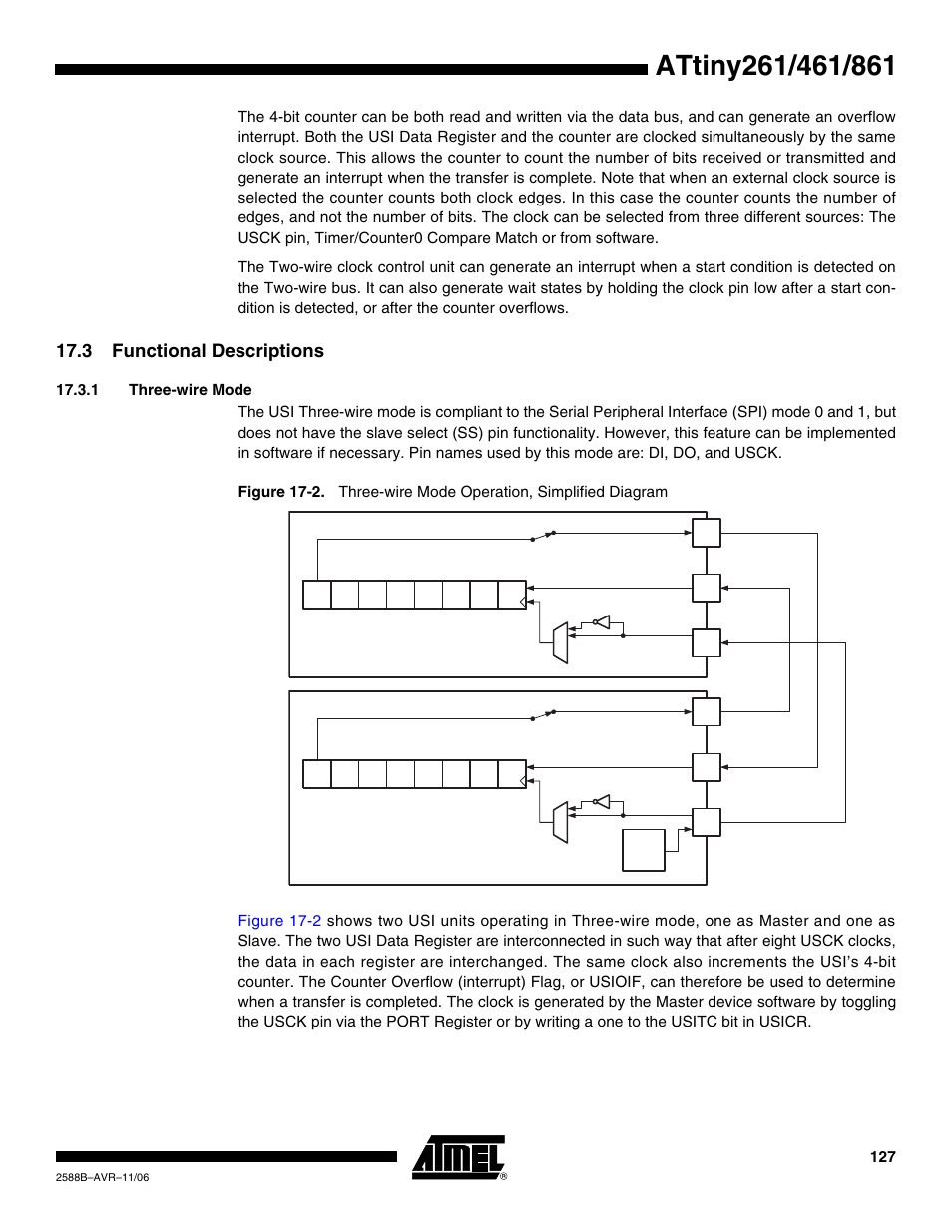 3 functional descriptions, 1 three-wire mode | Rainbow Electronics ATtiny861_V User Manual | Page 127 / 236