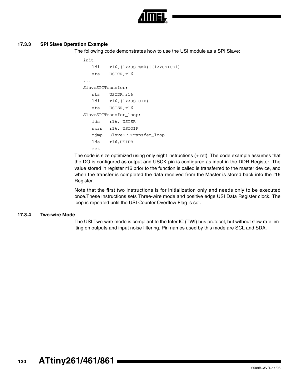 3 spi slave operation example, 4 two-wire mode | Rainbow Electronics ATtiny861_V User Manual | Page 130 / 236