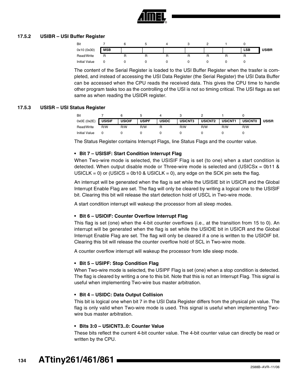 2 usibr - usi buffer register, 3 usisr - usi status register | Rainbow Electronics ATtiny861_V User Manual | Page 134 / 236