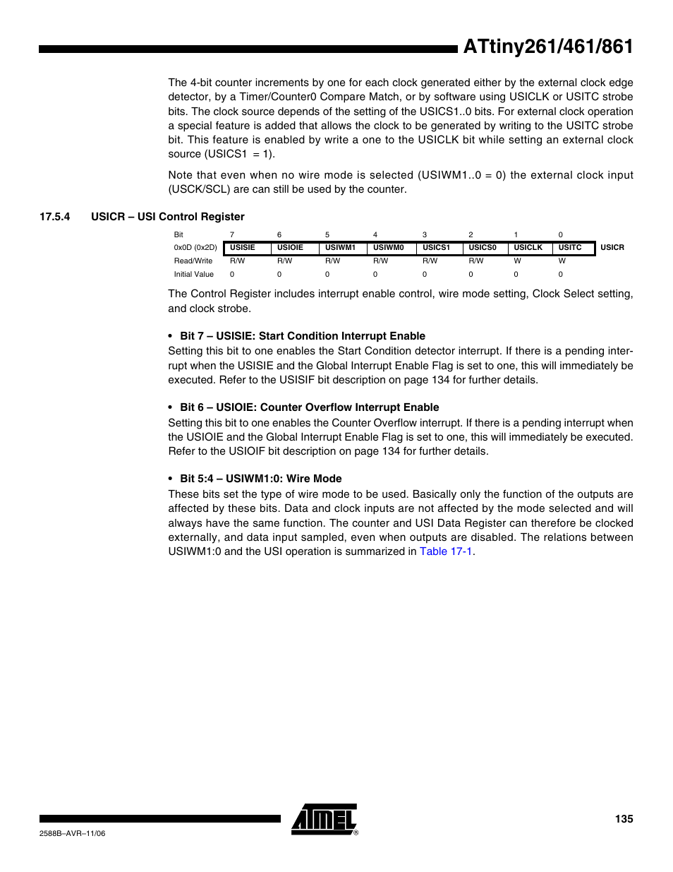 4 usicr - usi control register | Rainbow Electronics ATtiny861_V User Manual | Page 135 / 236