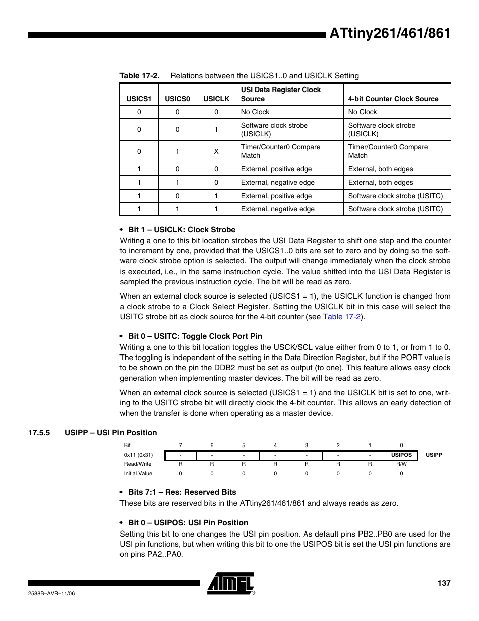5 usipp - usi pin position | Rainbow Electronics ATtiny861_V User Manual | Page 137 / 236