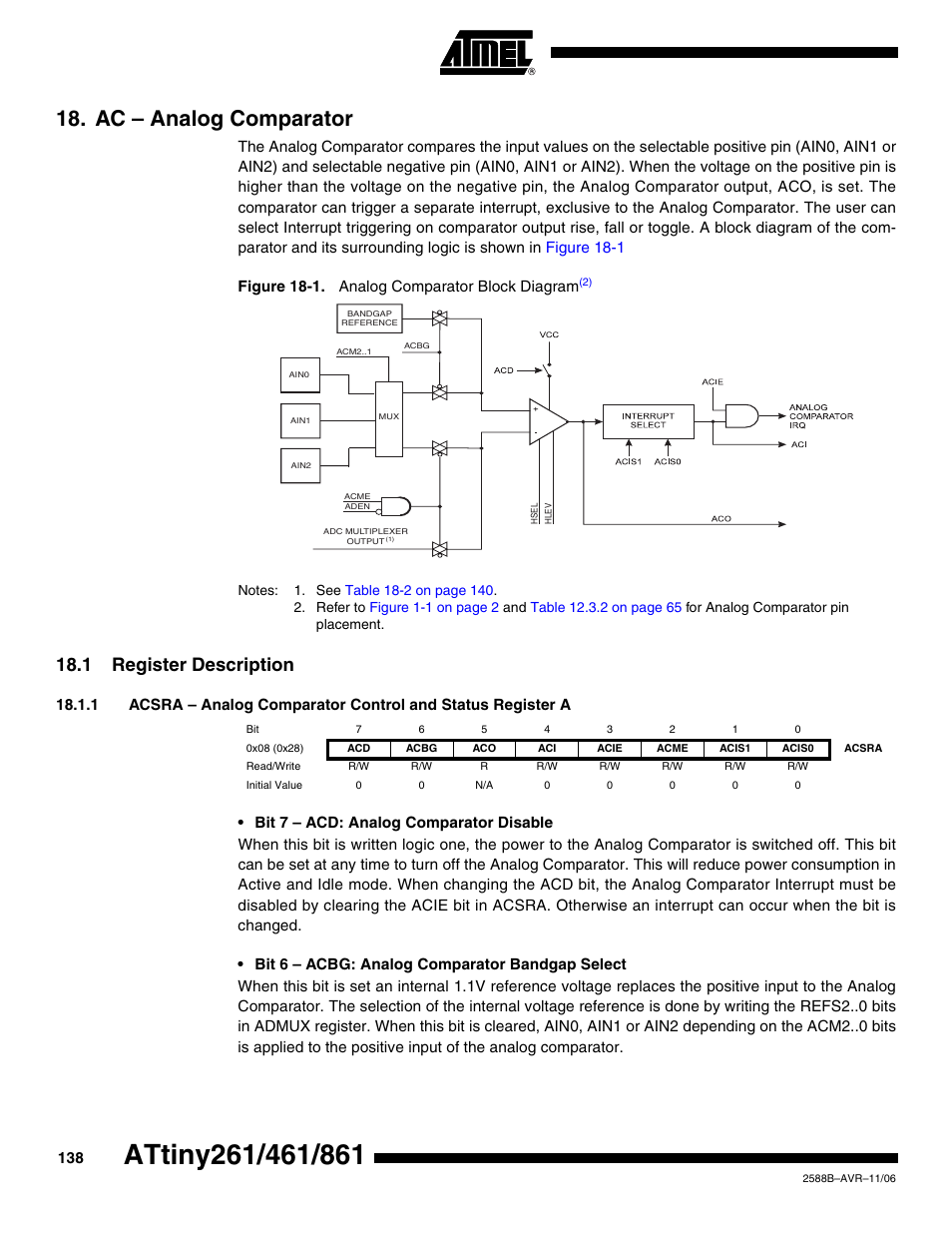 Ac - analog comparator, 1 register description, Ac – analog comparator | Rainbow Electronics ATtiny861_V User Manual | Page 138 / 236