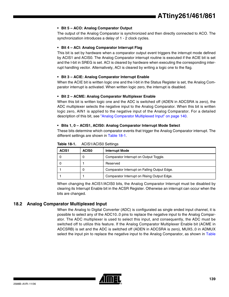 2 analog comparator multiplexed input | Rainbow Electronics ATtiny861_V User Manual | Page 139 / 236