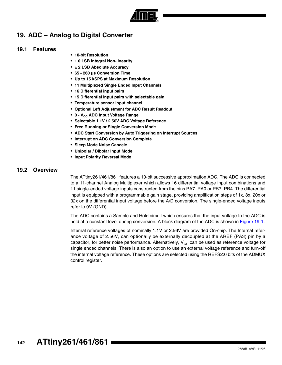 Adc - analog to digital converter, 1 features, 2 overview | Adc – analog to digital converter” on, Adc – analog to digital converter | Rainbow Electronics ATtiny861_V User Manual | Page 142 / 236