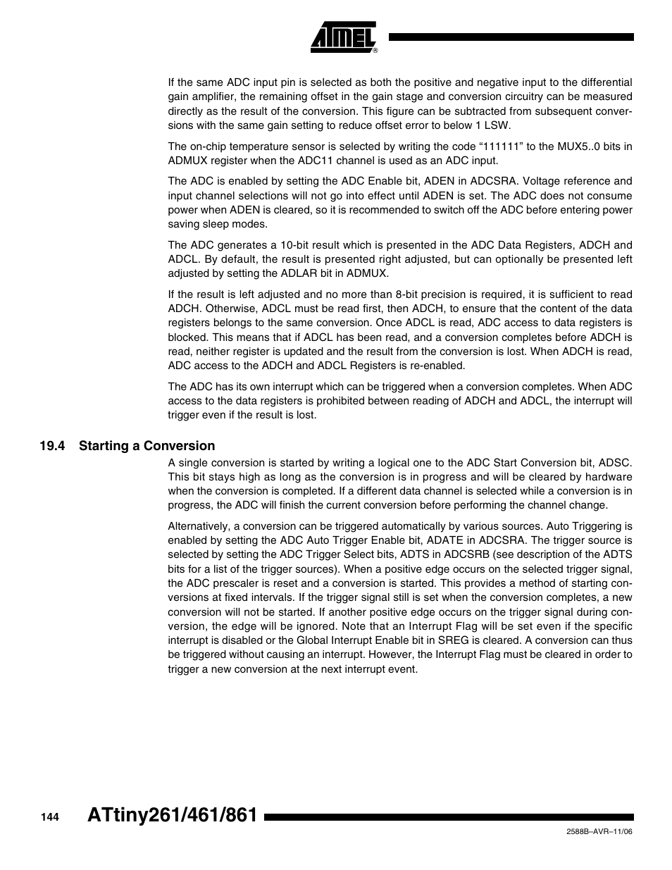 4 starting a conversion | Rainbow Electronics ATtiny861_V User Manual | Page 144 / 236