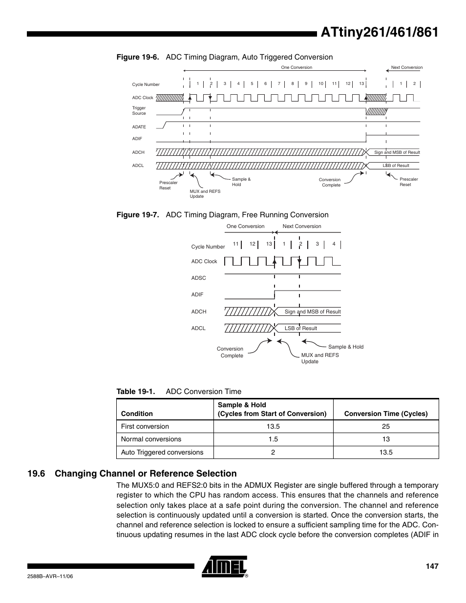 6 changing channel or reference selection | Rainbow Electronics ATtiny861_V User Manual | Page 147 / 236