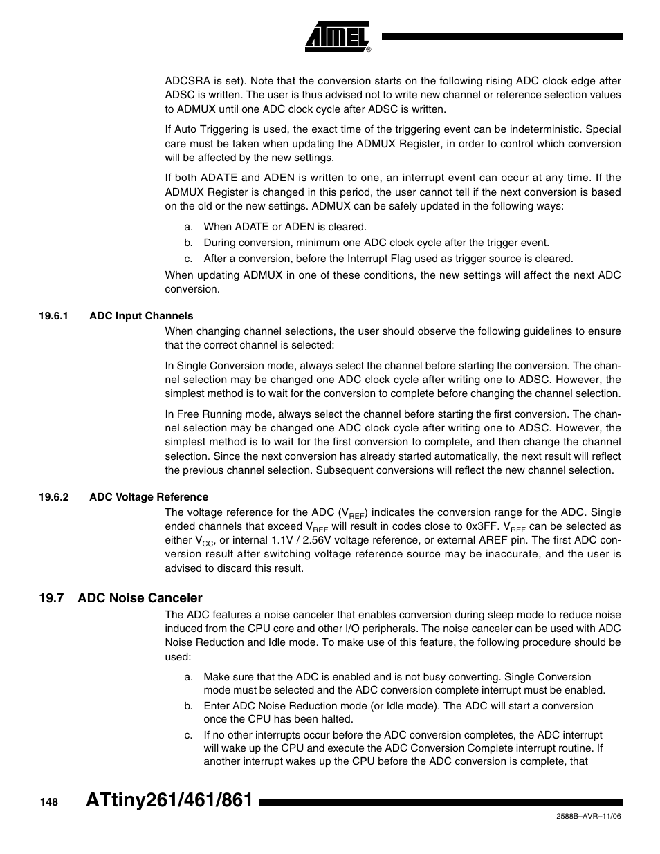 1 adc input channels, 2 adc voltage reference, 7 adc noise canceler | Rainbow Electronics ATtiny861_V User Manual | Page 148 / 236