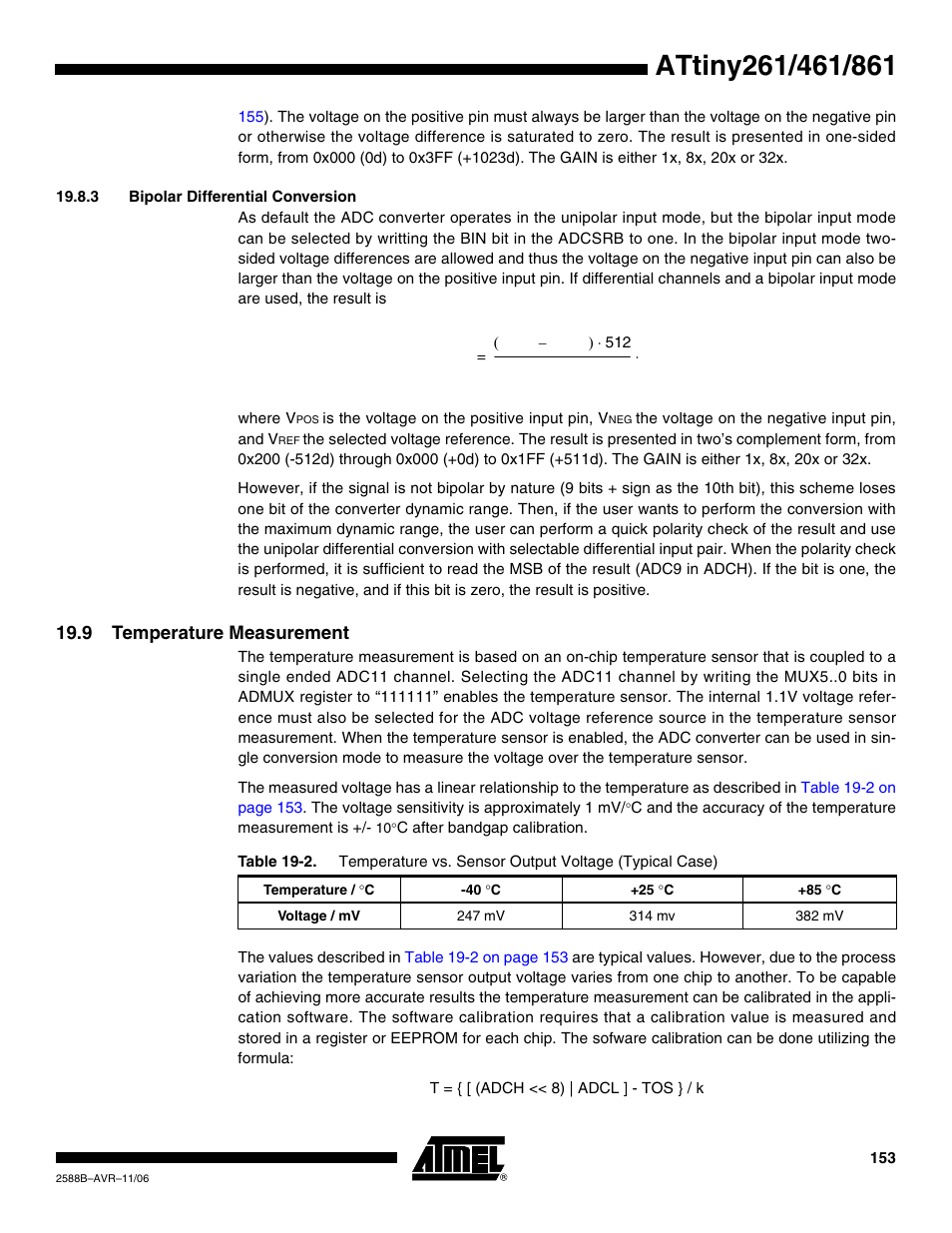 3 bipolar differential conversion, 9 temperature measurement | Rainbow Electronics ATtiny861_V User Manual | Page 153 / 236