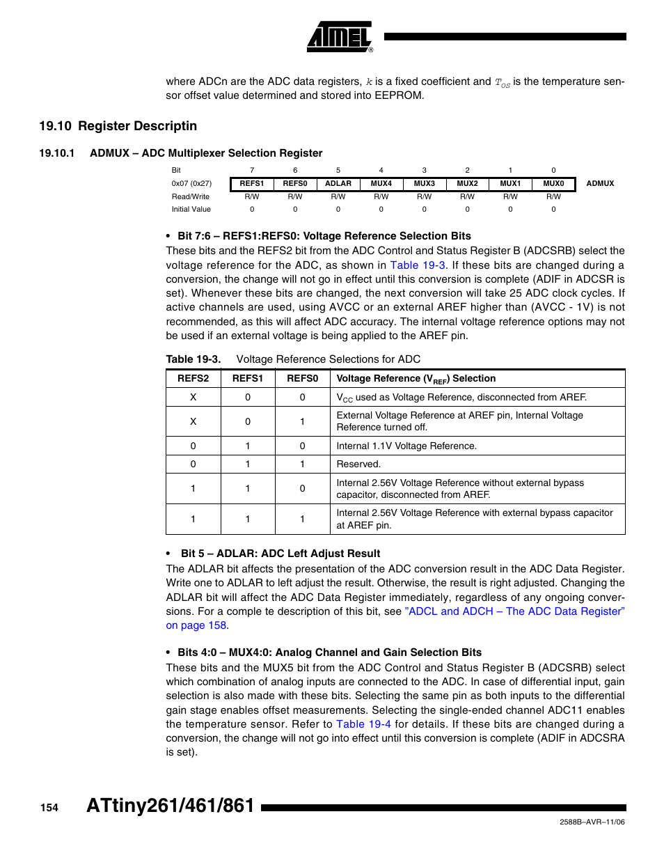 10 register descriptin, 1 admux - adc multiplexer selection register | Rainbow Electronics ATtiny861_V User Manual | Page 154 / 236