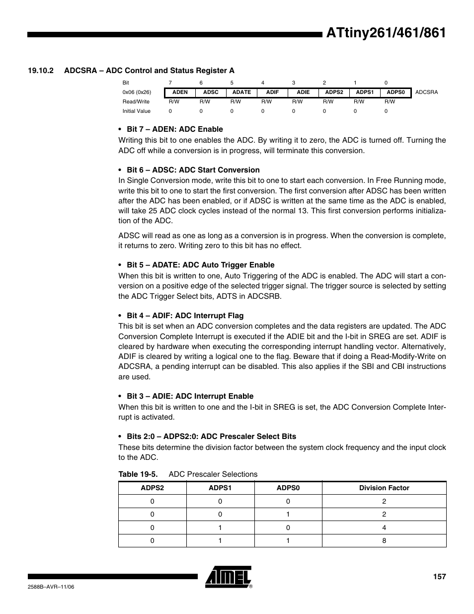 2 adcsra - adc control and status register a | Rainbow Electronics ATtiny861_V User Manual | Page 157 / 236
